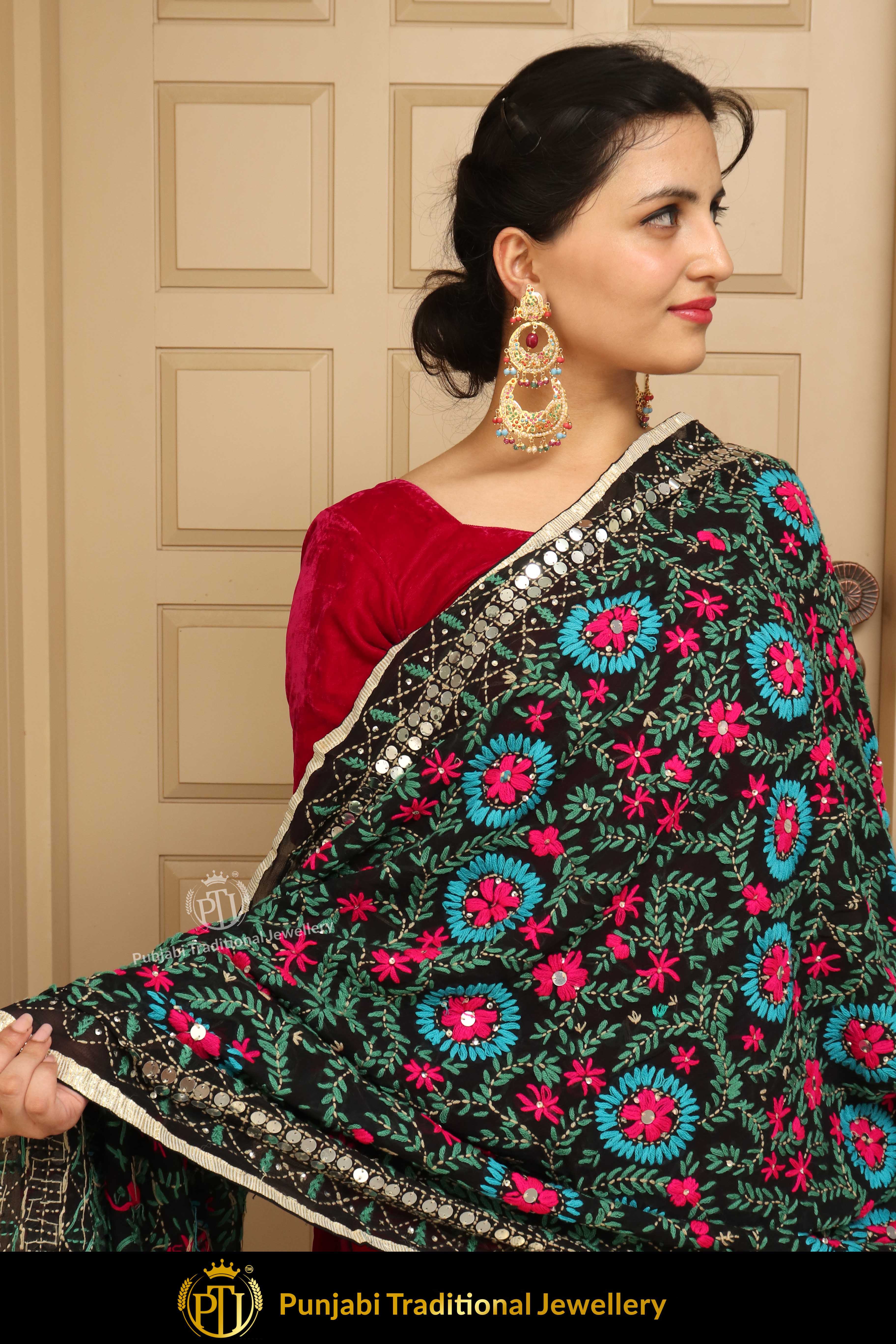 Pink & Black Color Pure Phulkari Dupatta By Punjabi Traditional Jewellery
