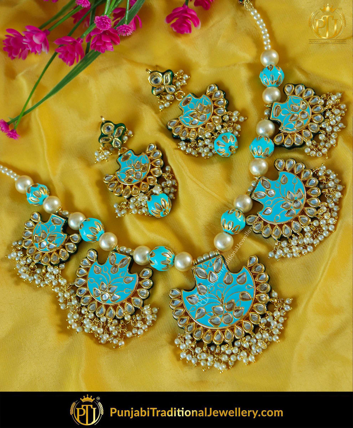 Hand Painted Meena Firozi Pearl Kundan Necklace Set | Punjabi Traditional Jewellery Exclusive