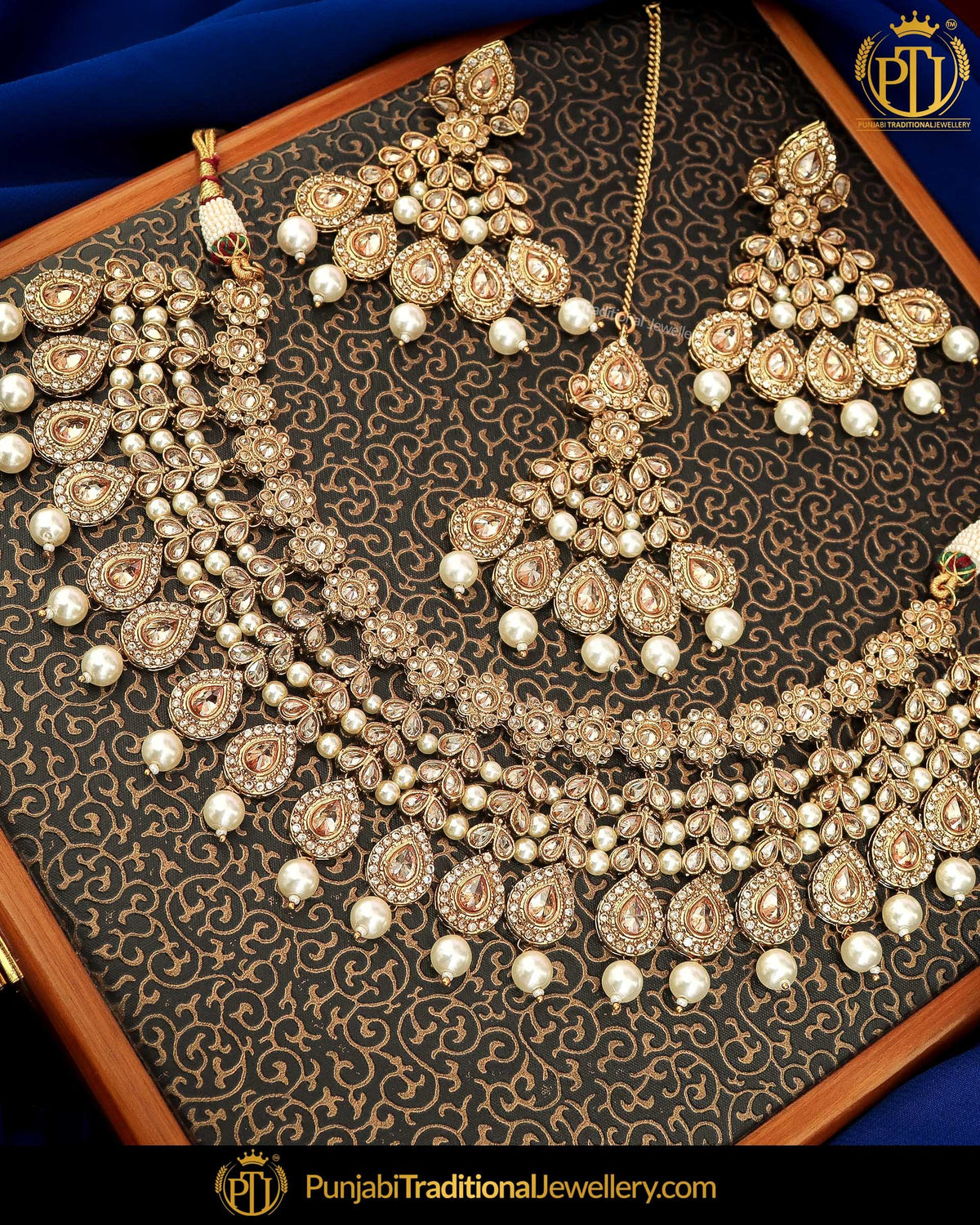 Gold Finished Champange Stone Necklace Set | Punjabi Traditional Jewellery Exclusive