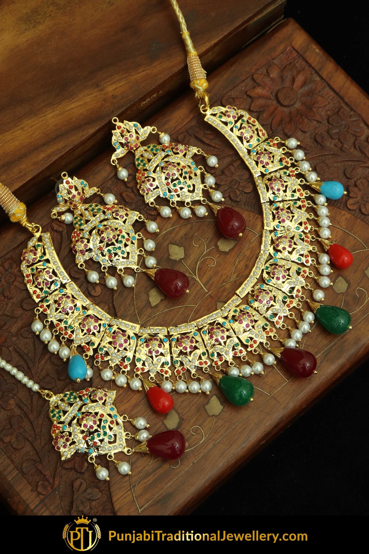 Jana Gold Finished Navratan Jadau Necklace, Tikka & Earrings | Punjabi Traditional Jewellery Exclusive