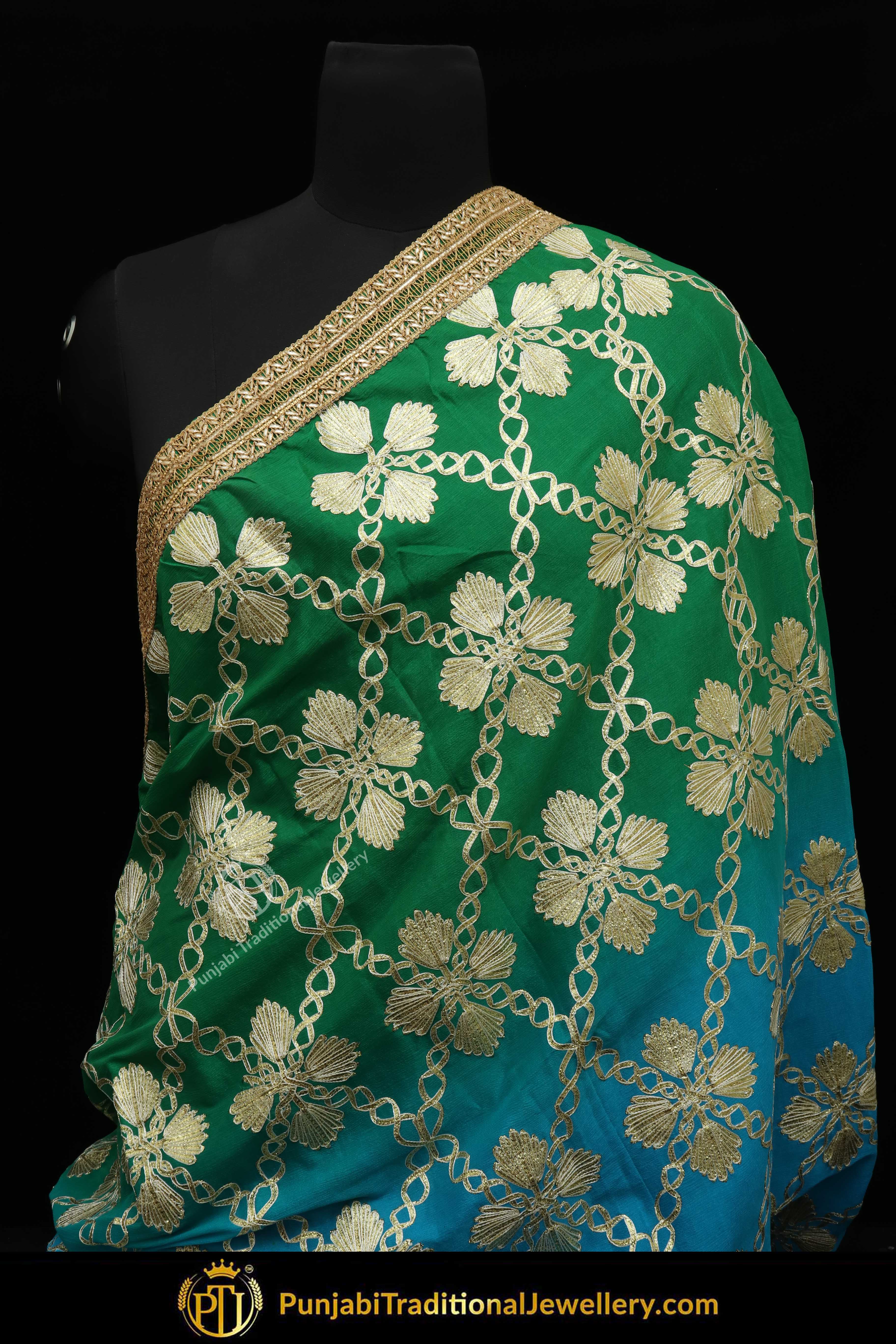 Firozi & Green Color Pure Phulkari Dupatta By Punjabi Traditional Jewellery