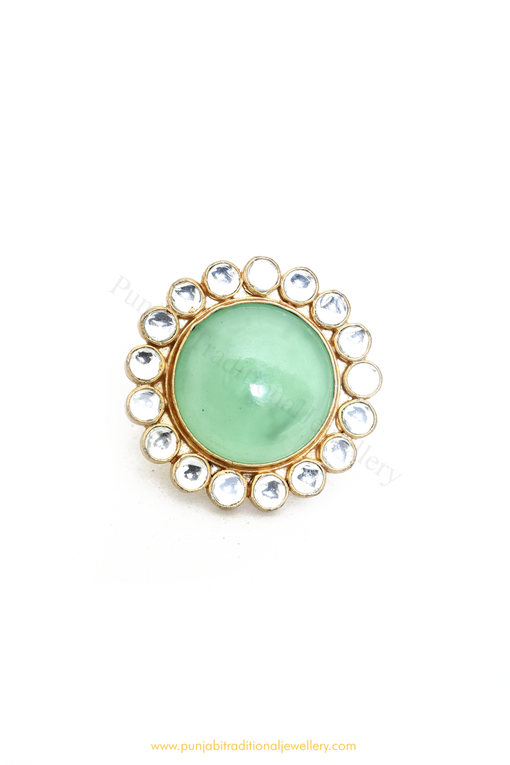 Gold Finished Mint Kundan Ring By PTJ