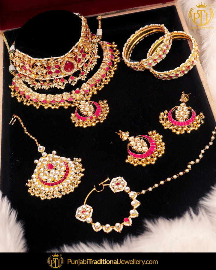 Gold Finished Kundan Red Choker Bridal Necklace Set & Openable Pair Bangle Set (Both Hand Pair) with Nath | Punjabi Traditional Jewellery Exclusive