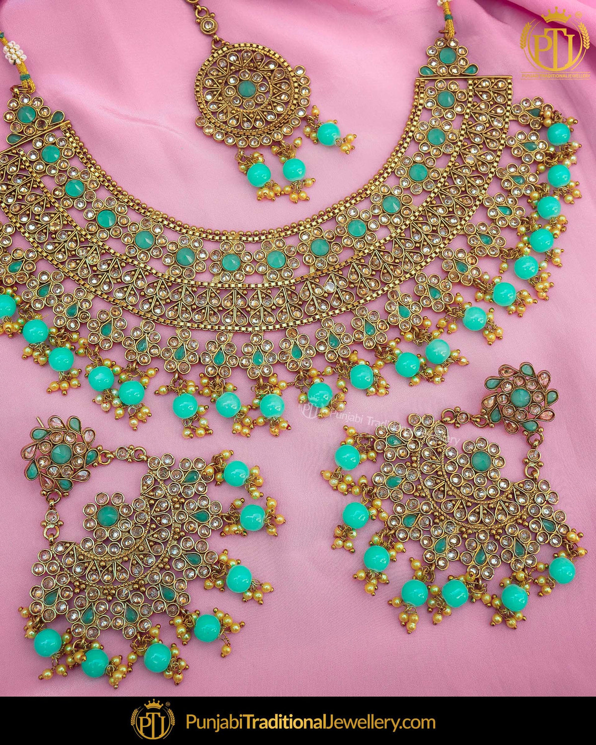 Gold Finished Ramagreen Champange Stone Necklace Set | Punjabi Traditional Jewellery Exclusive