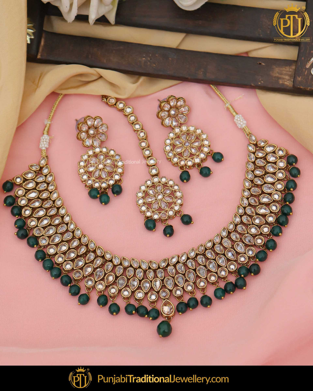 Gold Finished Champagne Stone Green Pearl Necklace Set | Punjabi Traditional Jewellery Exclusive