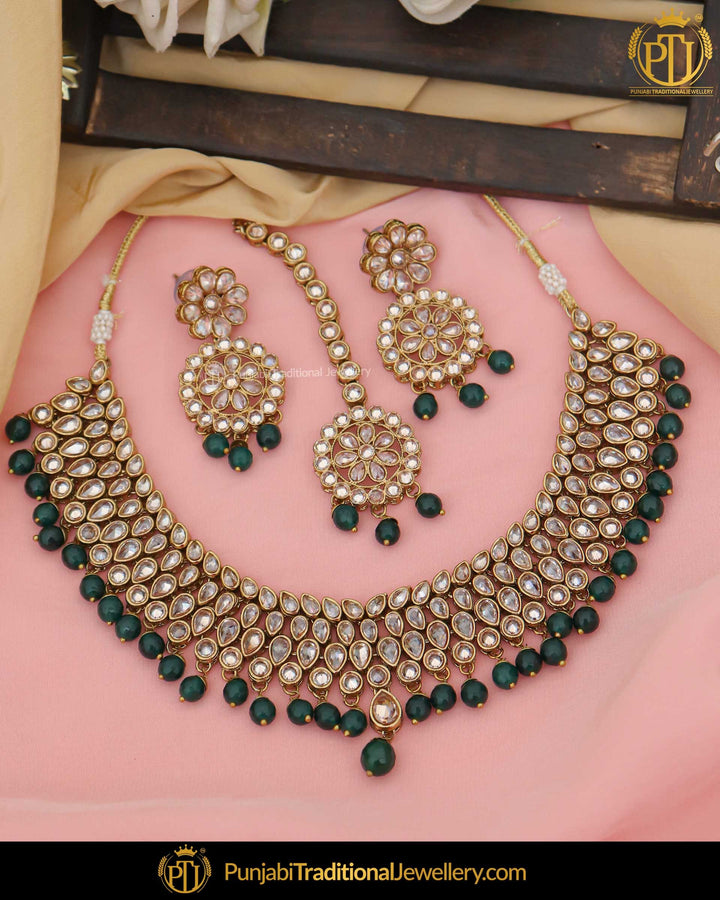 Gold Finished Champagne Stone Green Pearl Necklace Set | Punjabi Traditional Jewellery Exclusive