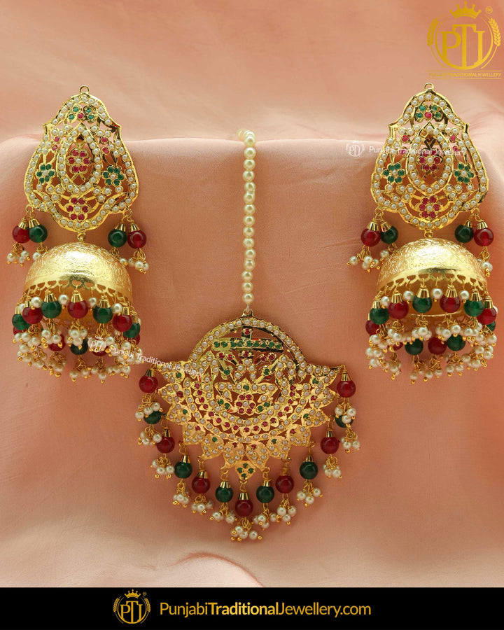 Gold Finished Jadau Rubby Emerald Earrings With Tikka | Punjabi Traditional Jewellery Exclusive
