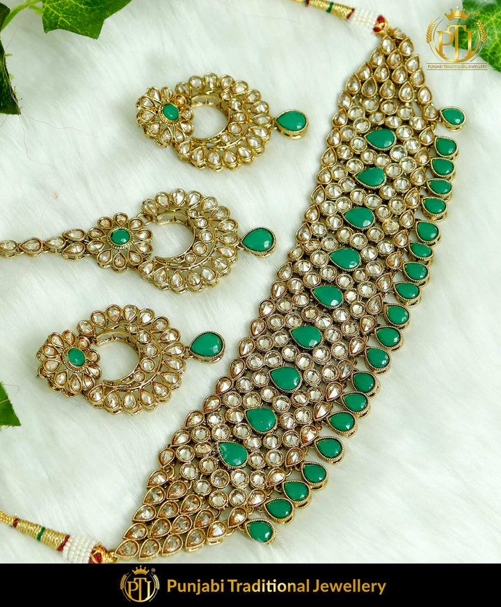 Champagne Stone Emerald Pearl Choker Necklace Set | Punjabi Traditional Jewellery Exclusive
