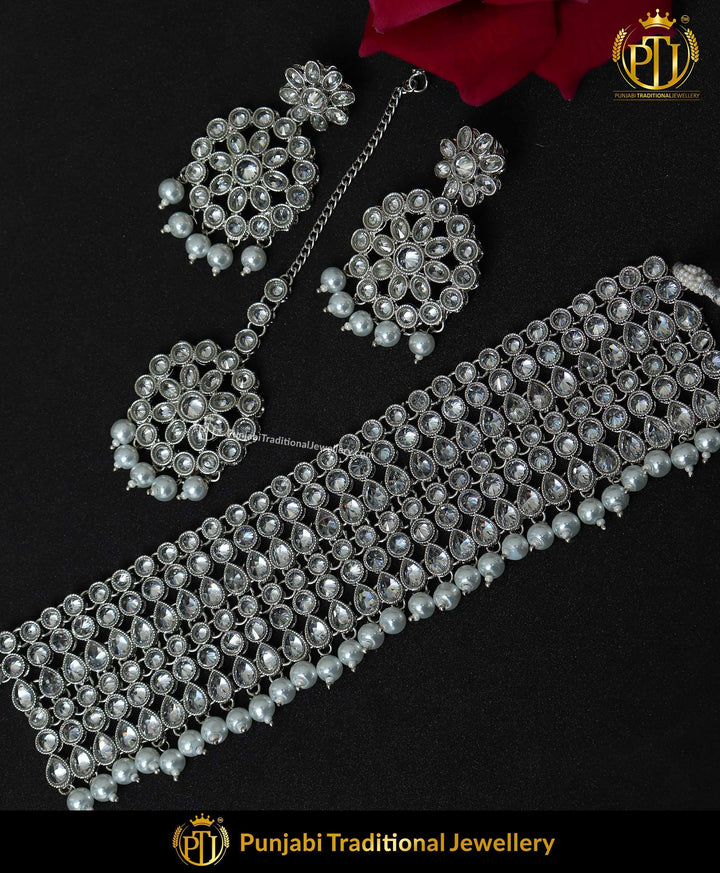 Silver Finished Polki Choker Necklace Set | Punjabi Traditional Jewellery Exclusive