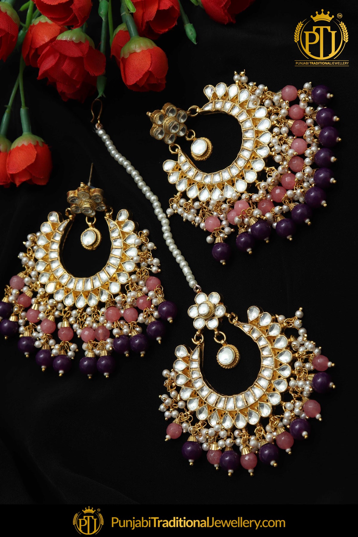 Gold Finished Blue Pink Kundan Earring Tikka Set | Punjabi Traditional Jewellery Exclusive