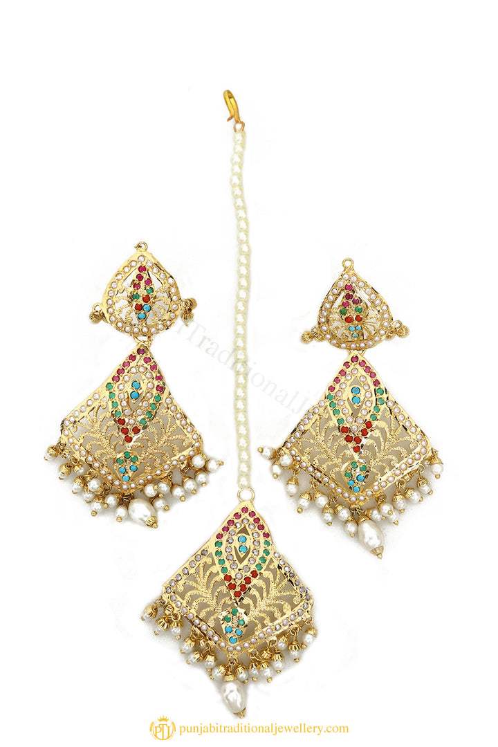 Gold Finished Earrings & Tikka Set by PTJ