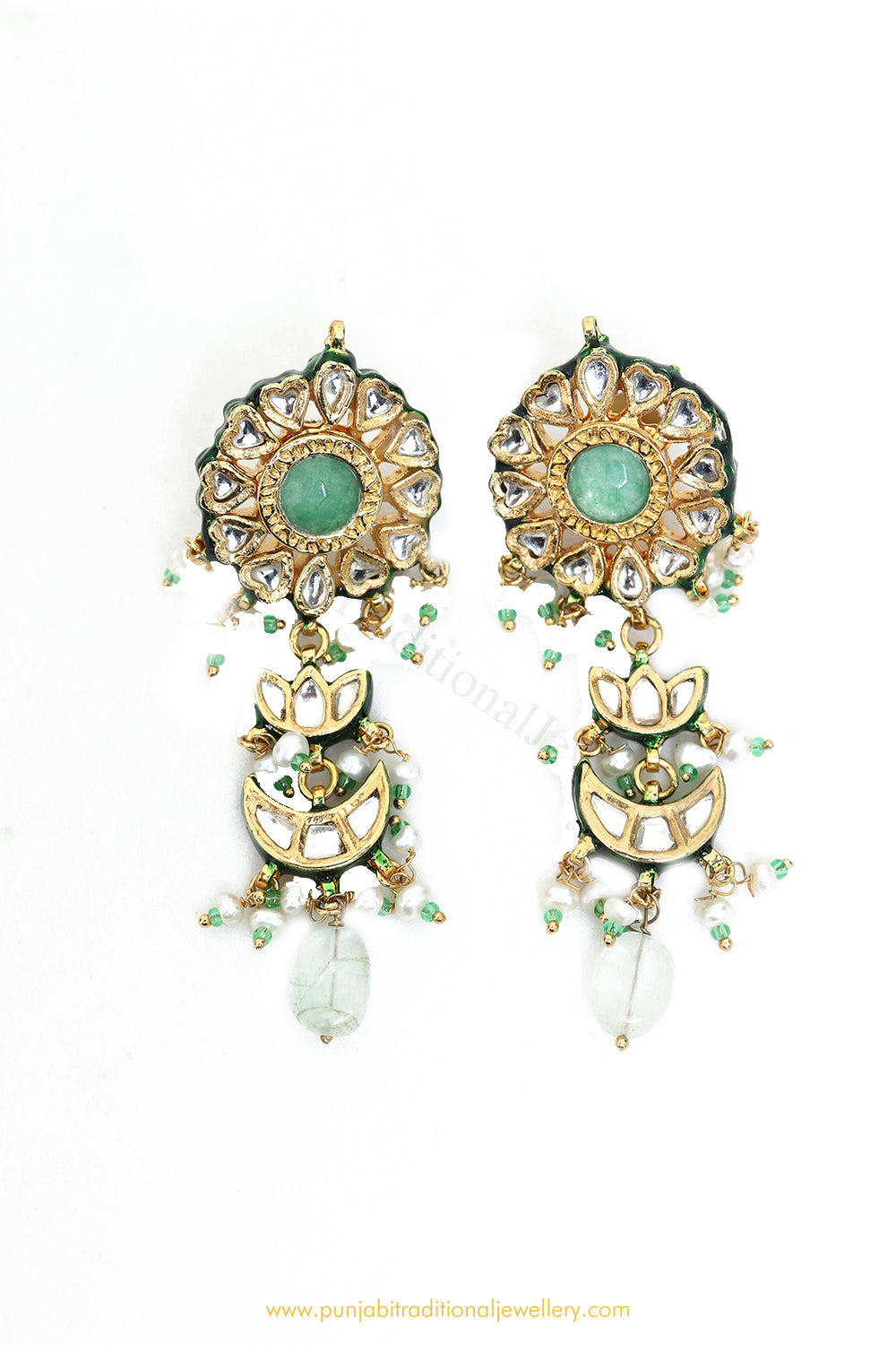 Gold Finished Semi Precious Mint Kundan Earrings by PTJ