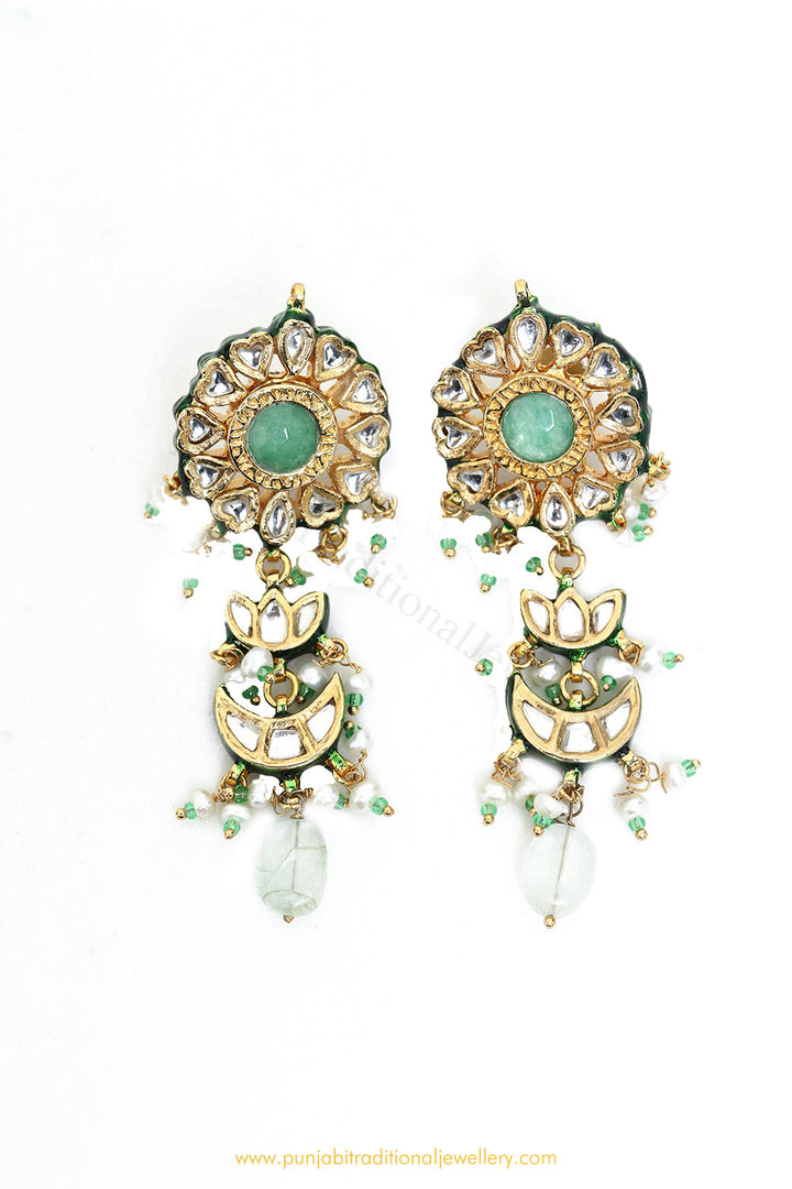 Gold Finished Semi Precious Mint Kundan Earrings by PTJ