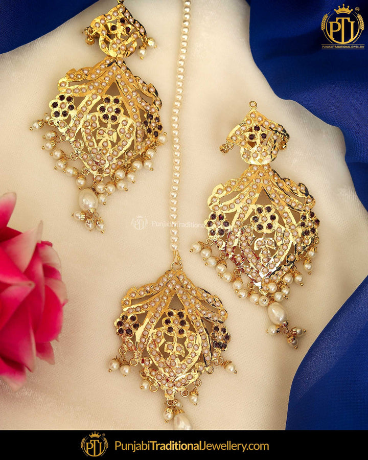 Gold Finished Purple Pearl Jadau Earring Tikka Set | Punjabi Traditional Jewellery Exclusive