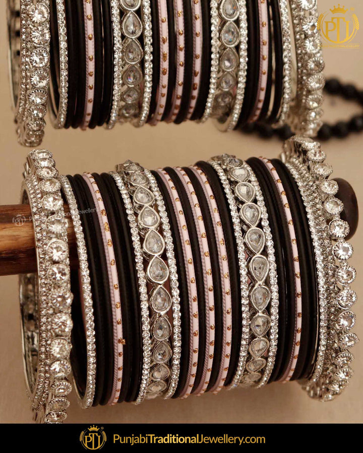 Black & Pink Silver Jerkan (For Both Hands) Bangles Set | Punjabi Traditional Jewellery Exclusive