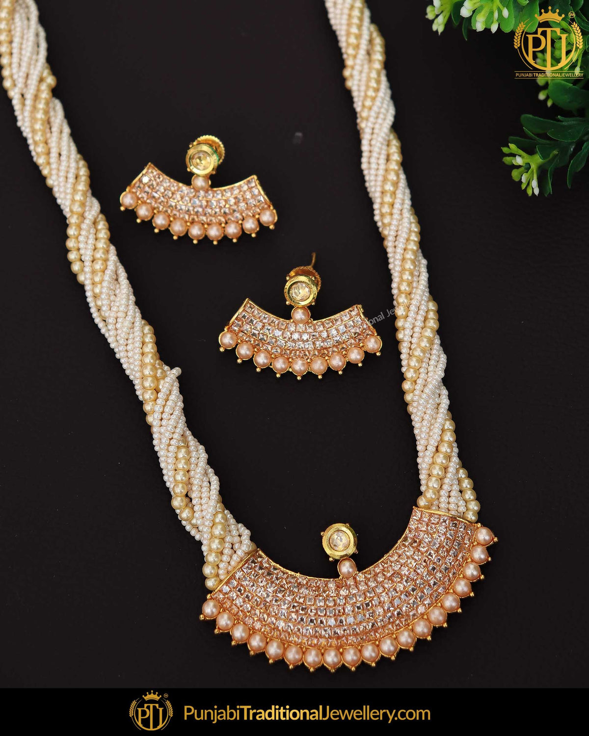 Gold Finished Jerkan Stone Pearl Mala Necklace Set | Punjabi Traditional Jewellery Exclusive