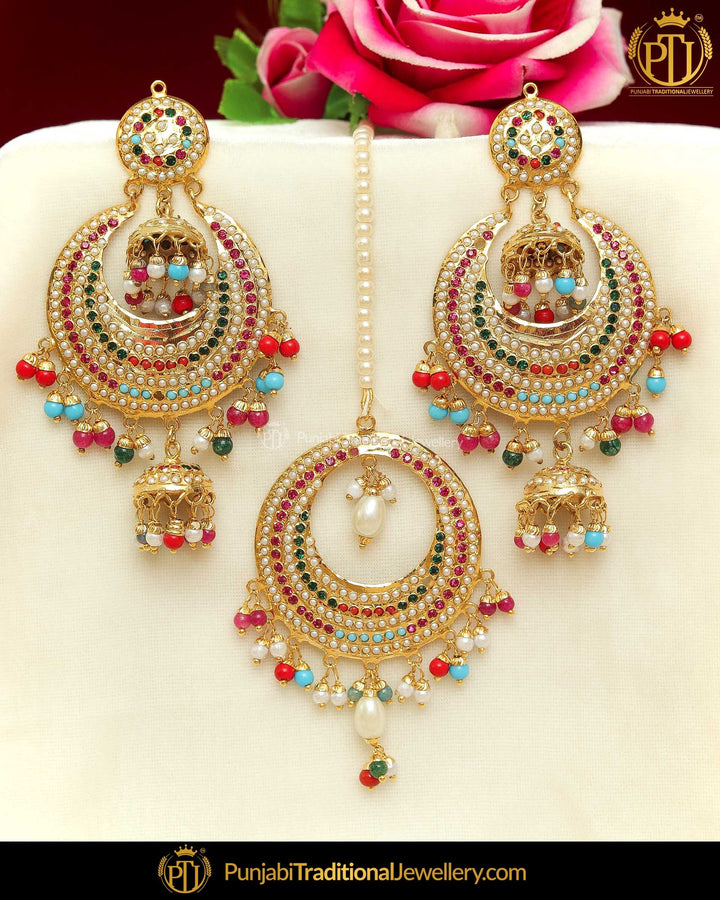 Gold Finished Navratan Pearl Jadau Earring Tikka Set | Punjabi Traditional Jewellery Exclusive