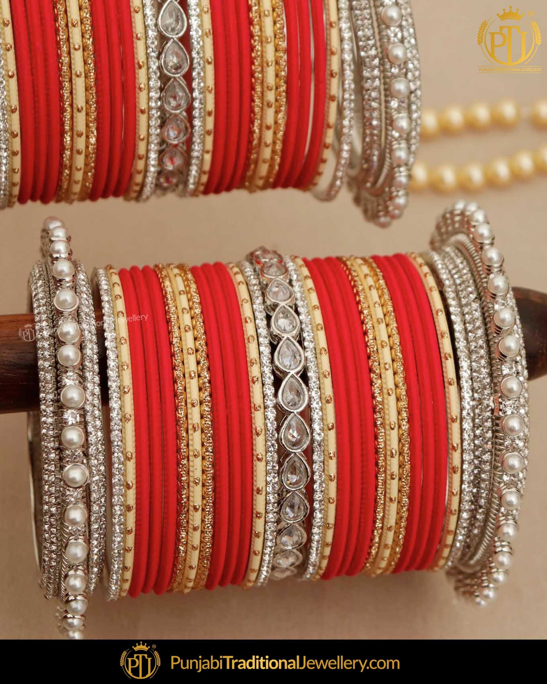 Red & Silver (For Both Hands) Bangles Set | Punjabi Traditional Jewellery Exclusive