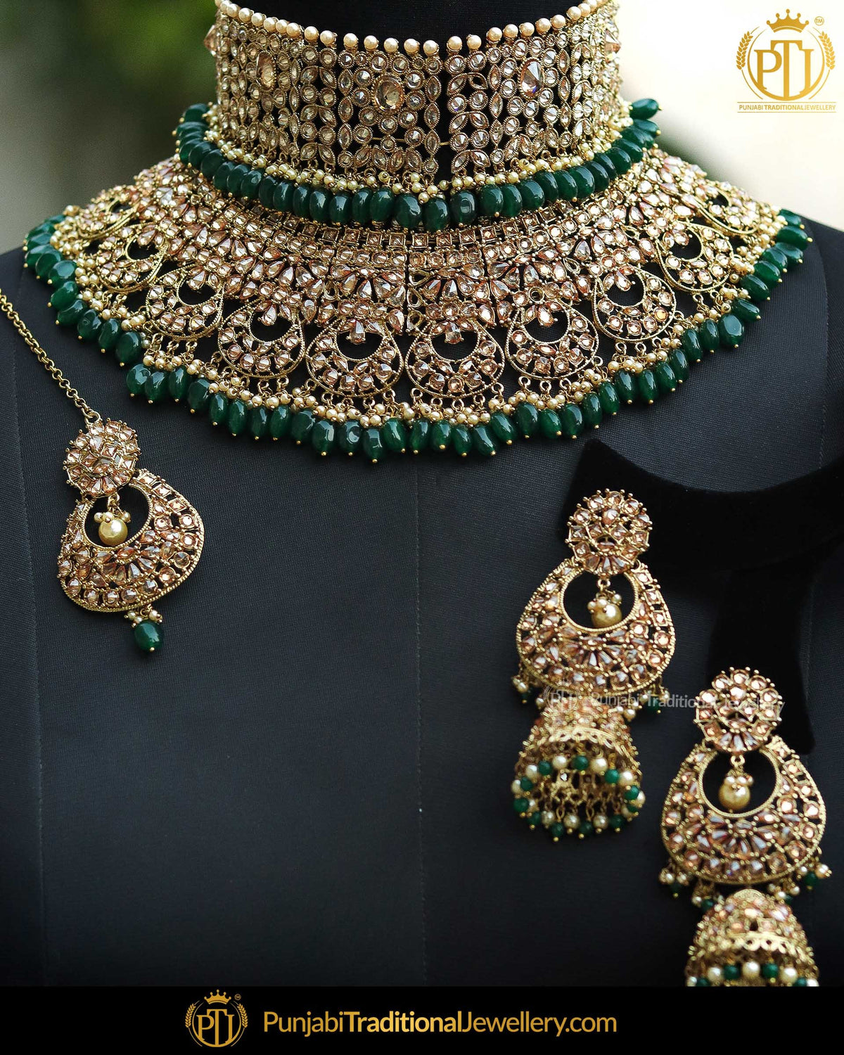Gold Finished Emerald Champagne Stone Choker Bridal Necklace Set | Punjabi Traditional Jewellery Exclusive