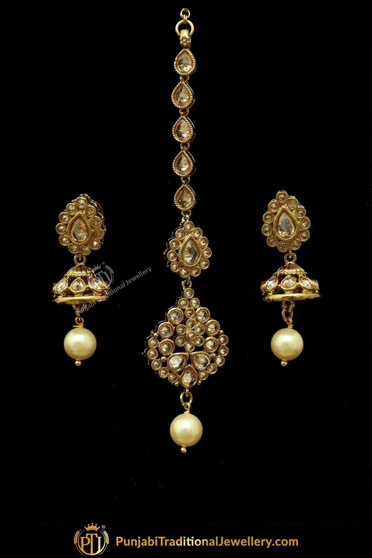Antique Gold Finised Champagne Stone Earring Tikka Set By Punjabi Traditional Jewellery