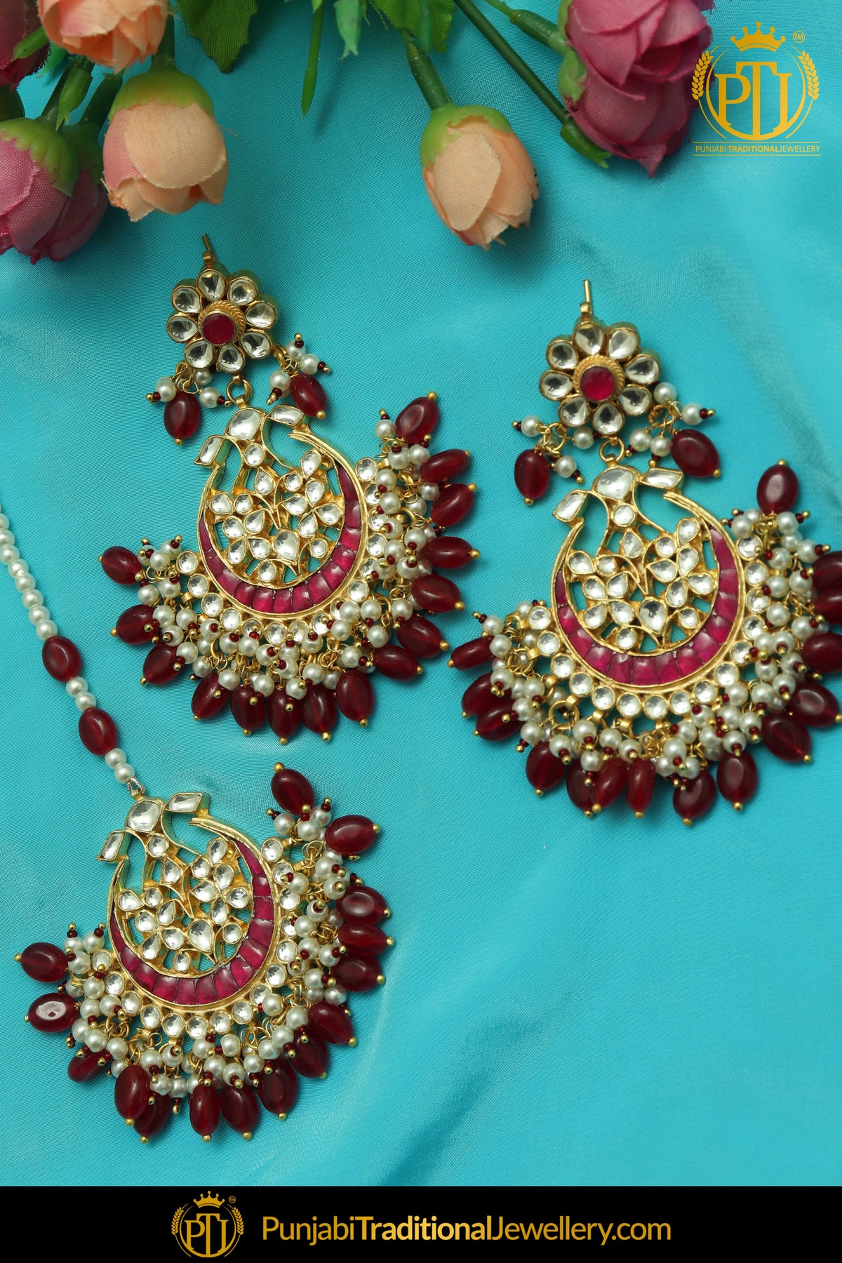Bahira Rubby Kundan Earring Tikka Set  | Punjabi Traditional Jewellery Exclusive