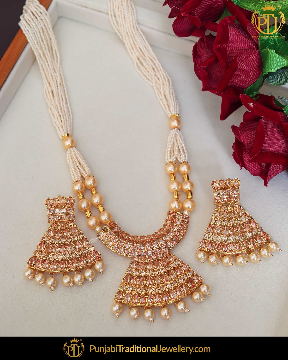 Gold Finished Chamapgne Stone Pearl Mala Necklace Set | Punjabi Traditional Jewellery Exclusive