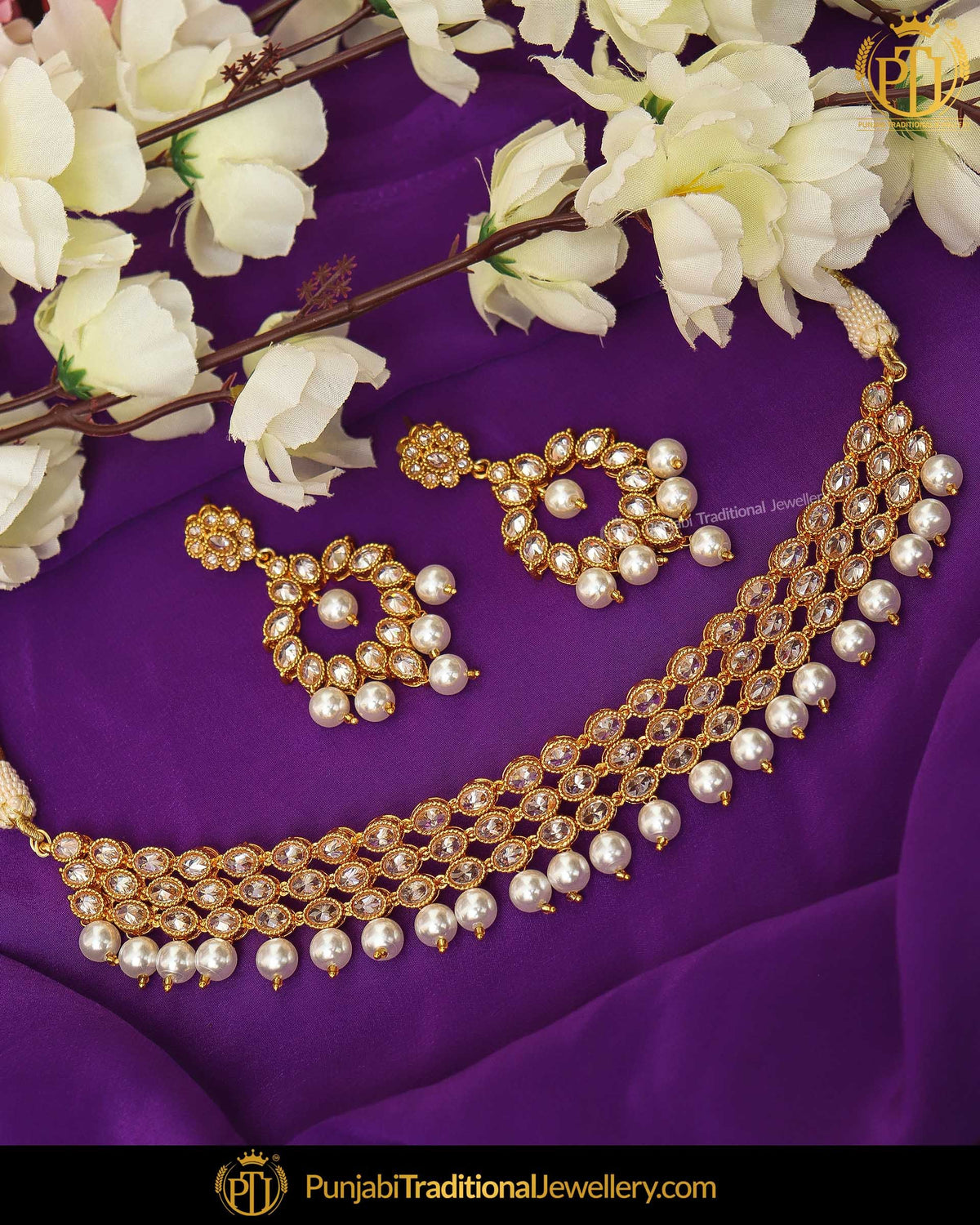 Gold Finished Chamapgne Stone Pearl Necklace Set | Punjabi Traditional Jewellery Exclusive