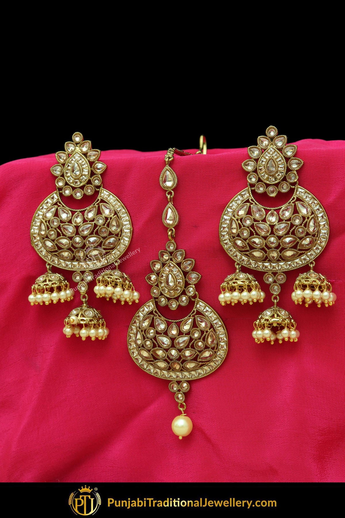 Antique Gold Finised Champagne Stone Earring Tikka Set By Punjabi Traditional Jewellery