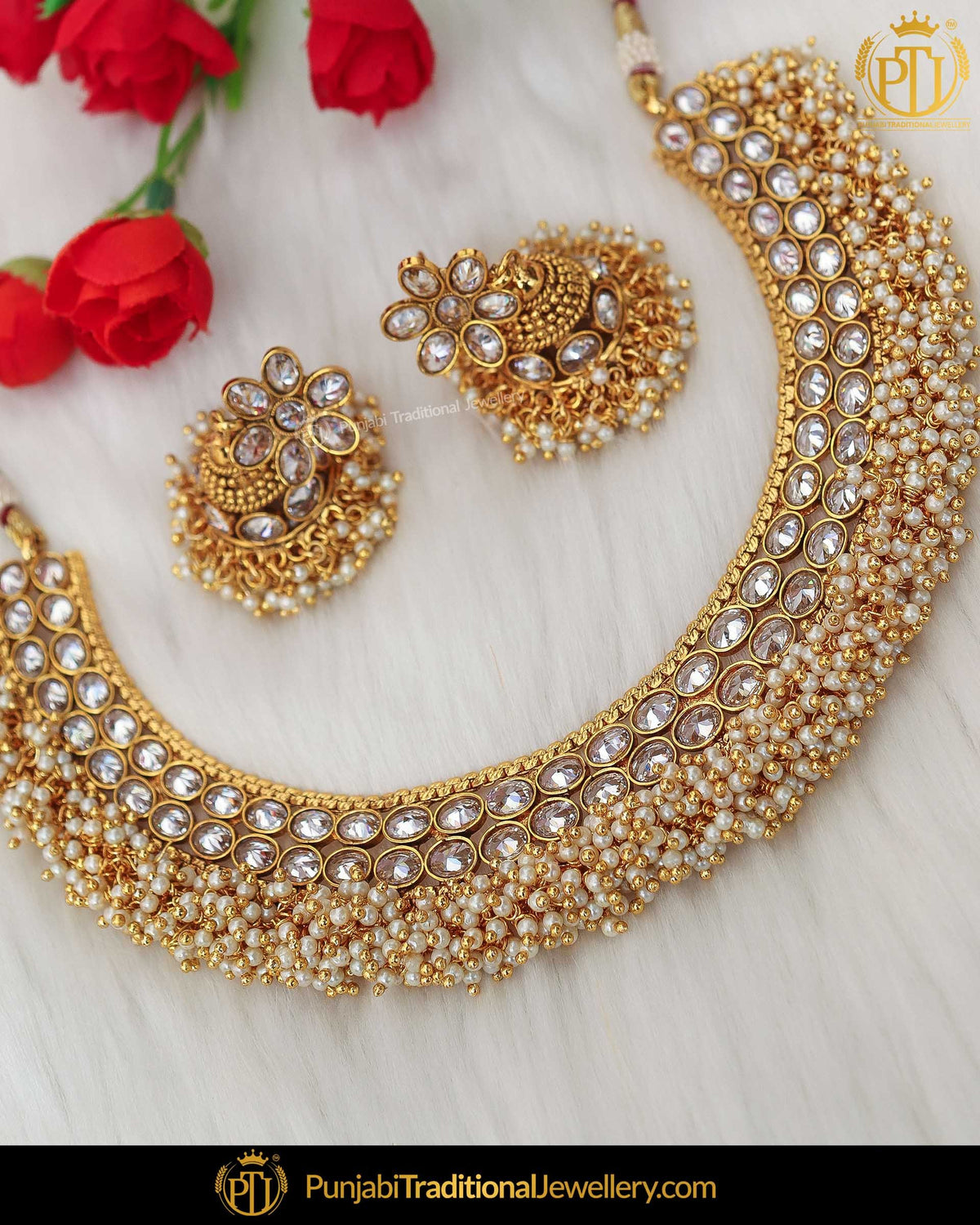 Gold Finished Polki Stone Pearl Necklace Set | Punjabi Traditional Jewellery Exclusive