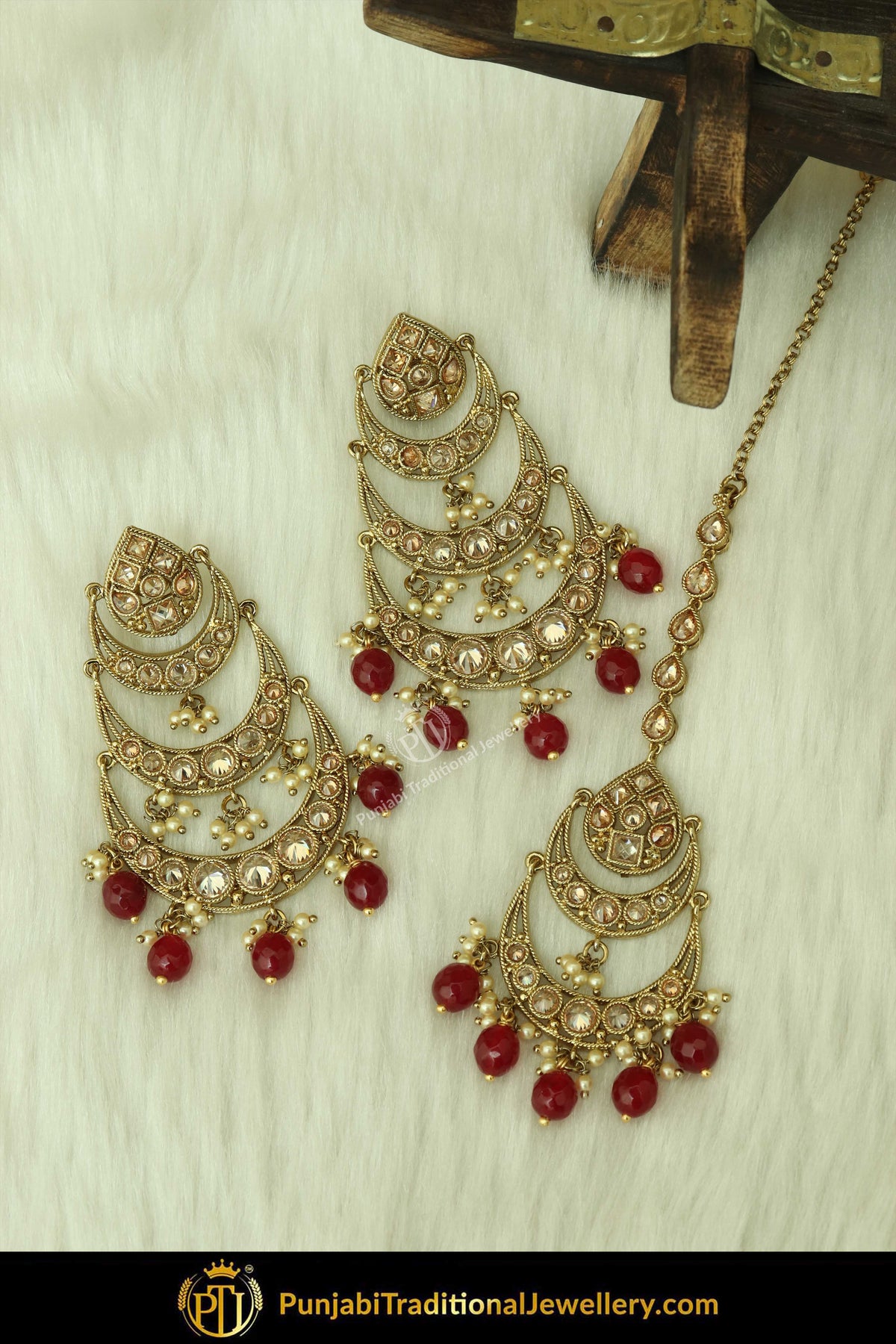 Antique Gold Finised Champagne Stone Red Earring Tikka Set By Punjabi Traditional Jewellery