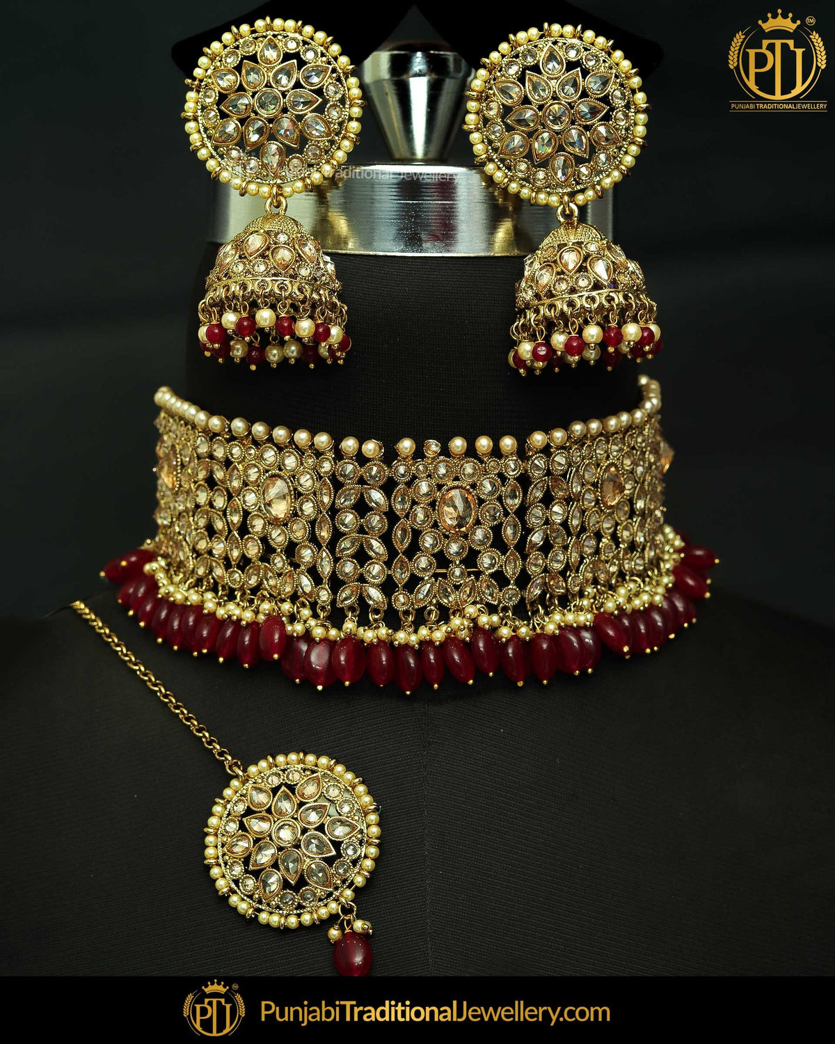 Gold Finished Rubby Champagne Stone Choker Bridal Necklace Set | Punjabi Traditional Jewellery Exclusive