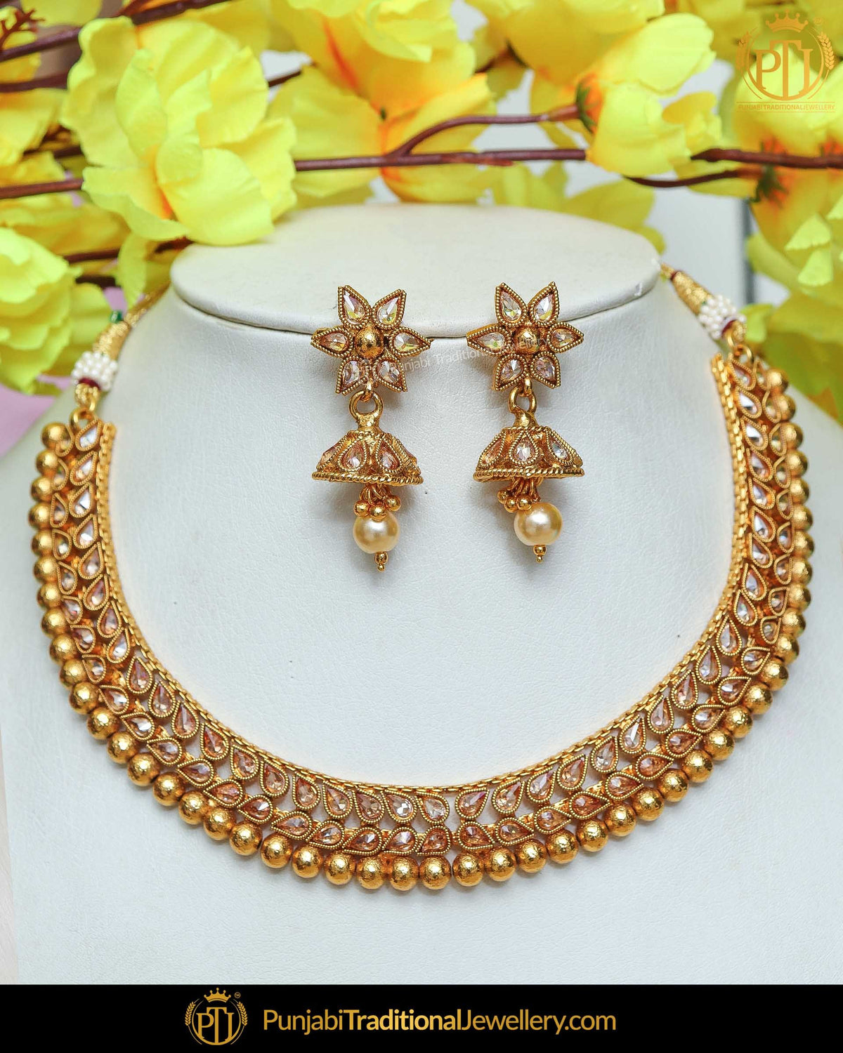 Gold Finished Chamapgne Stone Strings Necklace Set | Punjabi Traditional Jewellery Exclusive