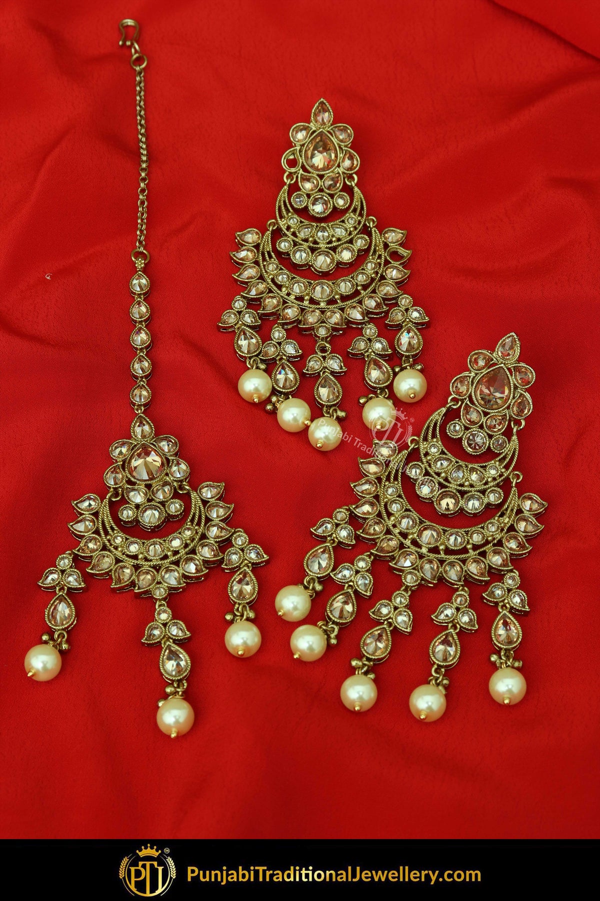 Antique Gold Finised Champagne Stone Pearl Earring Tikka Set By Punjabi Traditional Jewellery