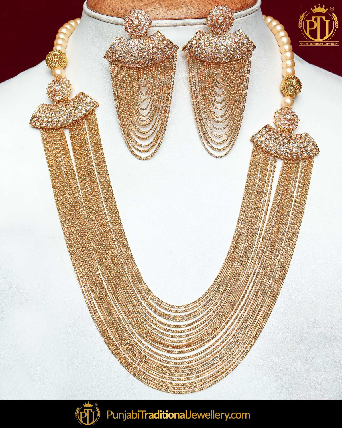 Gold Finished Polki Stone Pearl Long Necklace Set | Punjabi Traditional Jewellery Exclusive