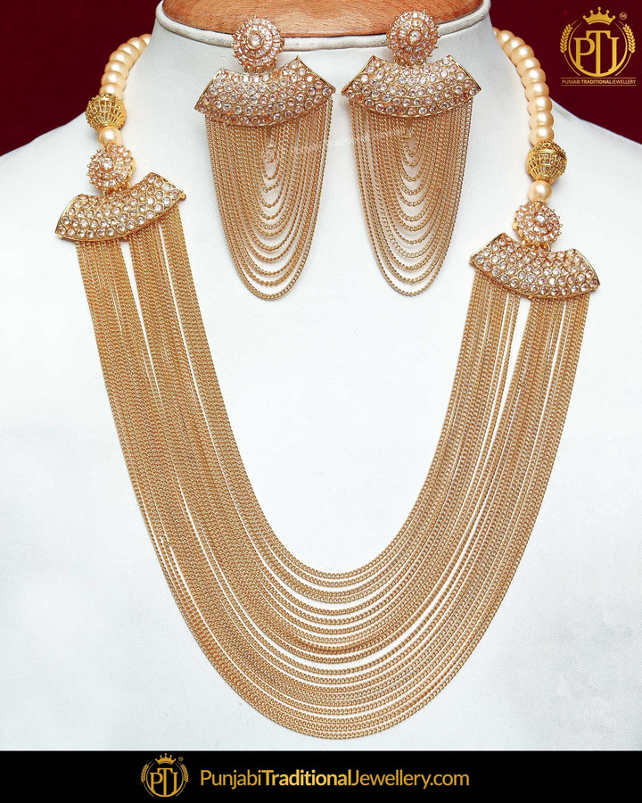 Gold Finished Polki Stone Pearl Long Necklace Set | Punjabi Traditional Jewellery Exclusive