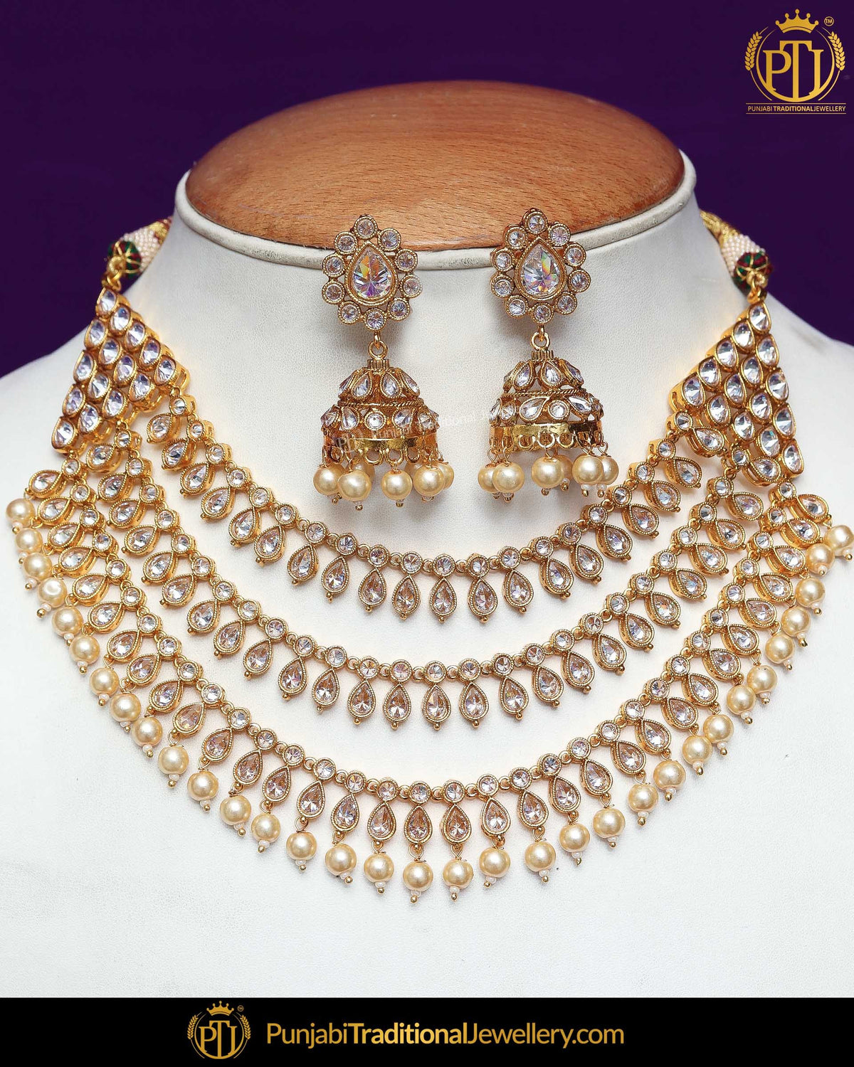 Gold Finished Polki Stone Pearl Necklace Set | Punjabi Traditional Jewellery Exclusive