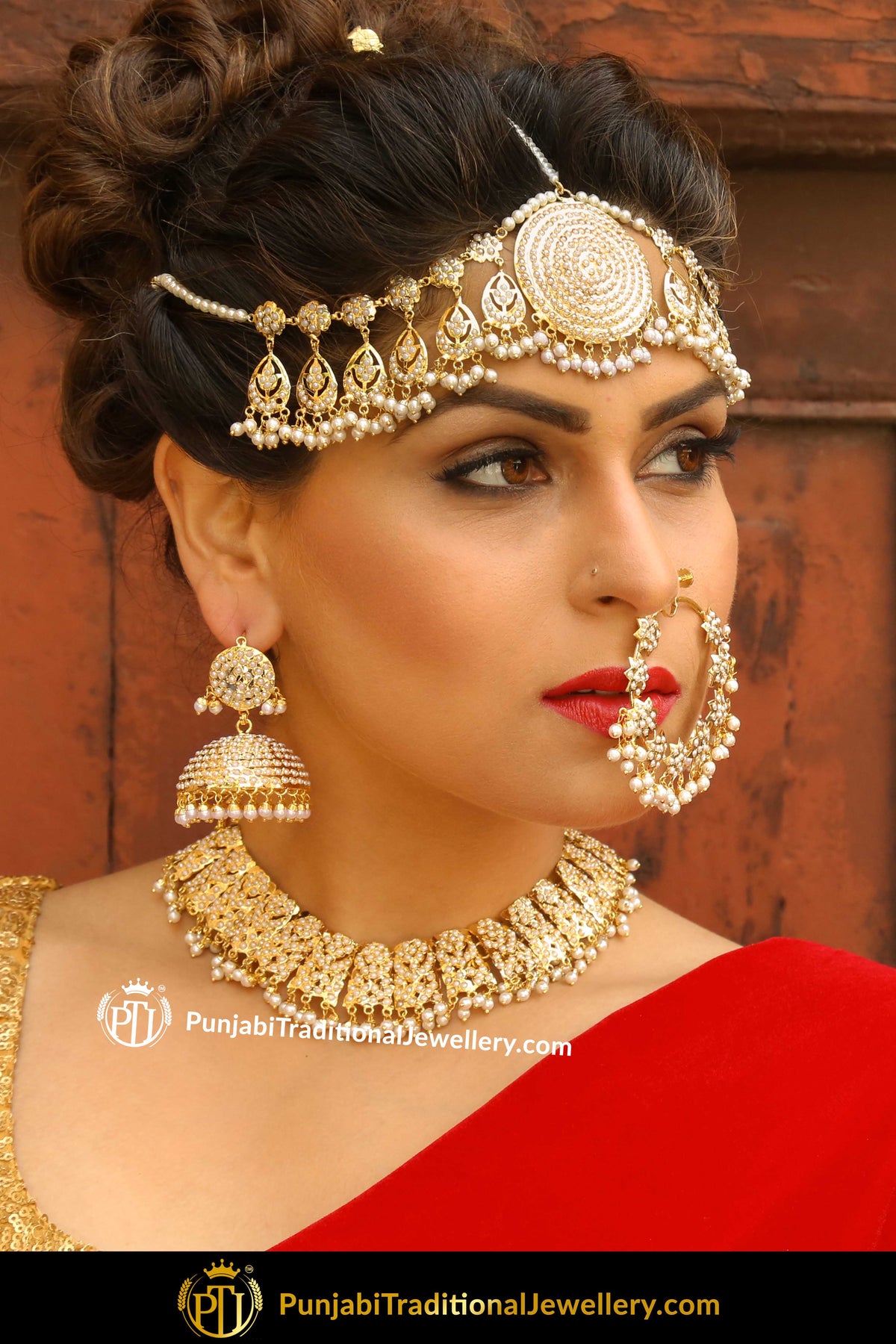 Kasturi Gold Finished Jadau Necklace, Matha Patti & Earrings | Punjabi Traditional Jewellery Exclusive