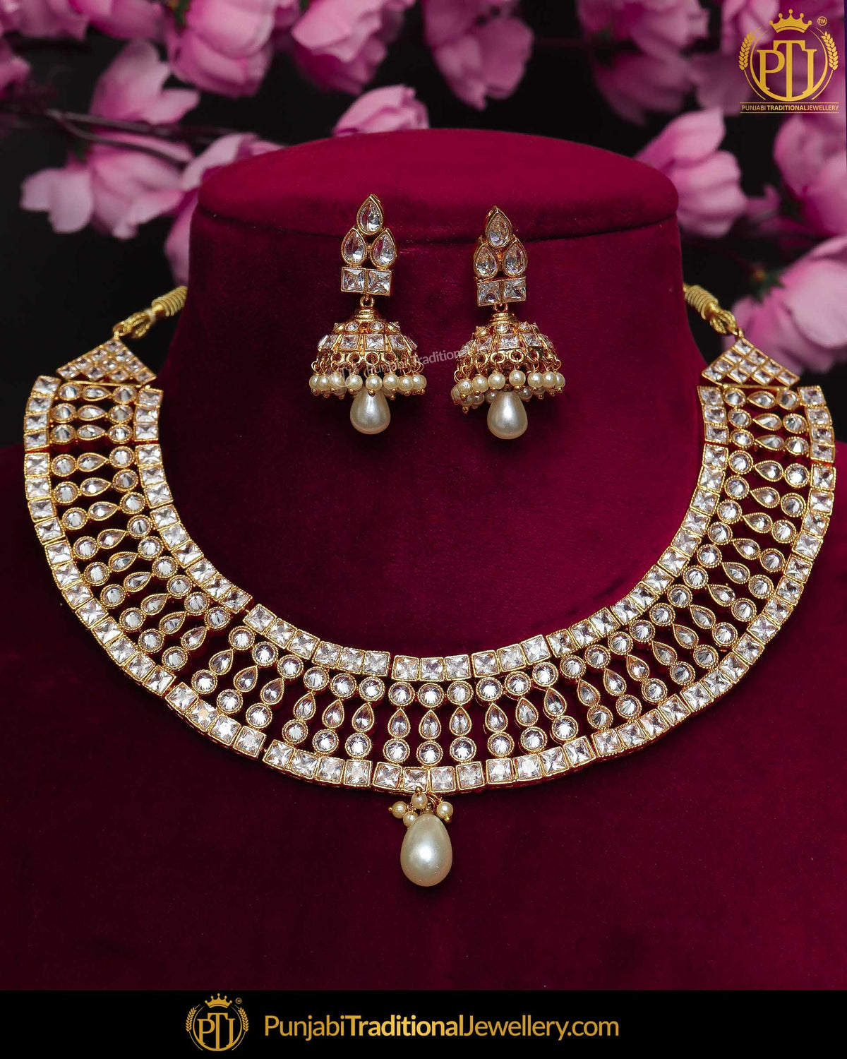 Gold Finished Polki Stone Pearl Necklace Set | Punjabi Traditional Jewellery Exclusive