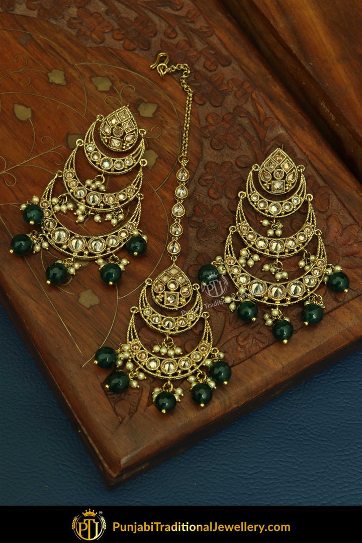 Antique Gold Finised Champagne Stone Green Earring Tikka Set By Punjabi Traditional Jewellery