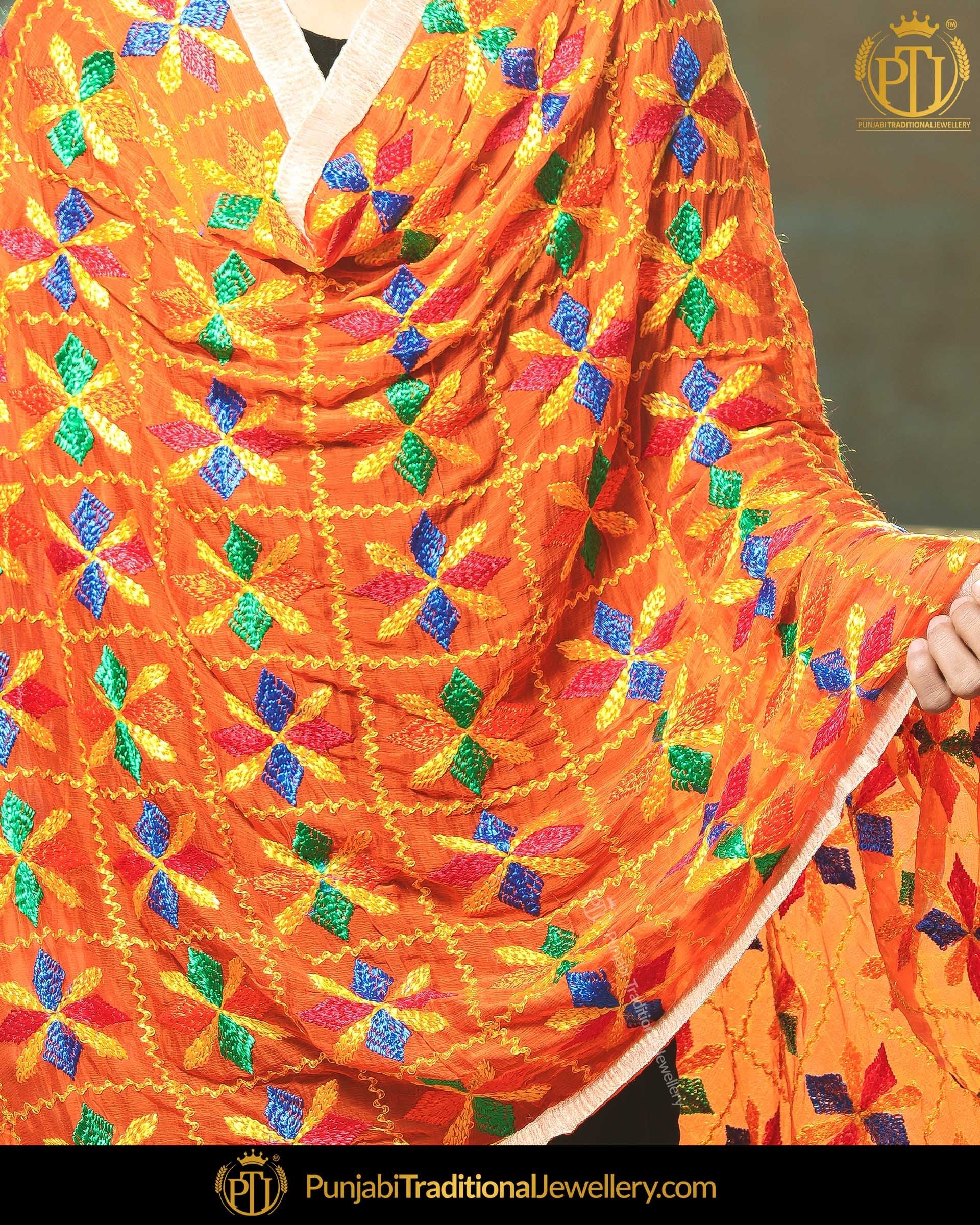 Orange Shade Satrangi Color Phulkari | Punjabi Traditional Jewellery Exclusive