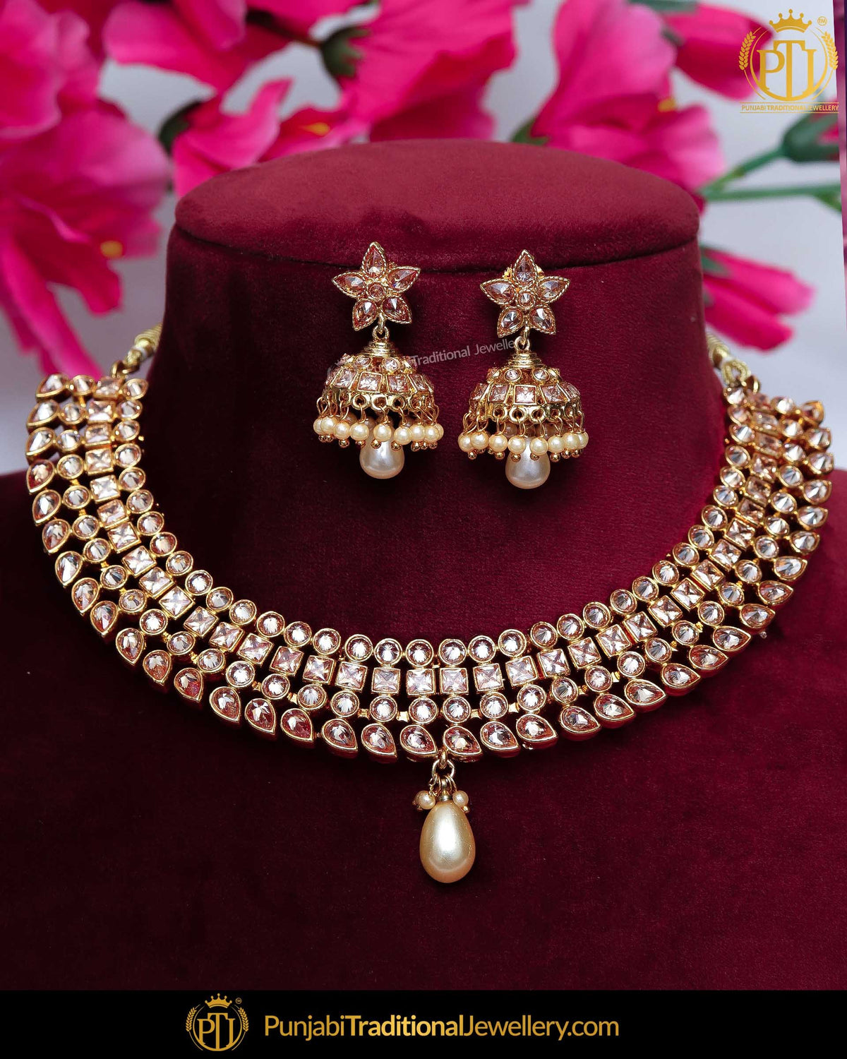 Gold Finished Chamapgne Stone Pearl Necklace Set | Punjabi Traditional Jewellery Exclusive