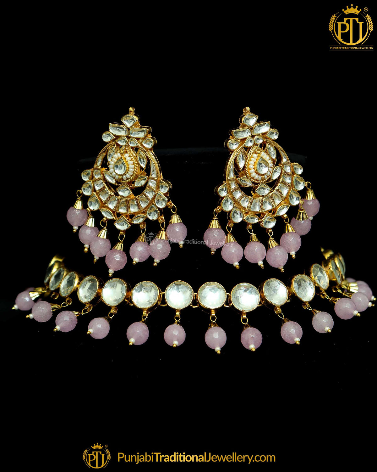 Pink Kundan Pearl Necklace & Earring Tikka Set | Punjabi Traditional Jewellery Exclusive