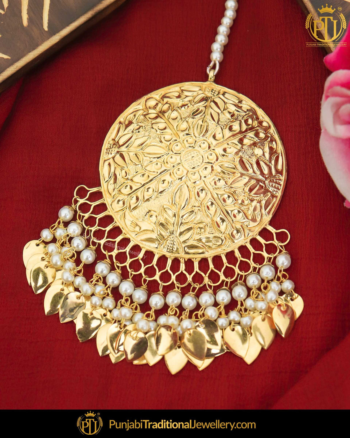 Gold Finished Patra Pippal Patti Pearl Tikka | Punjabi Traditional Jewellery Exclusive