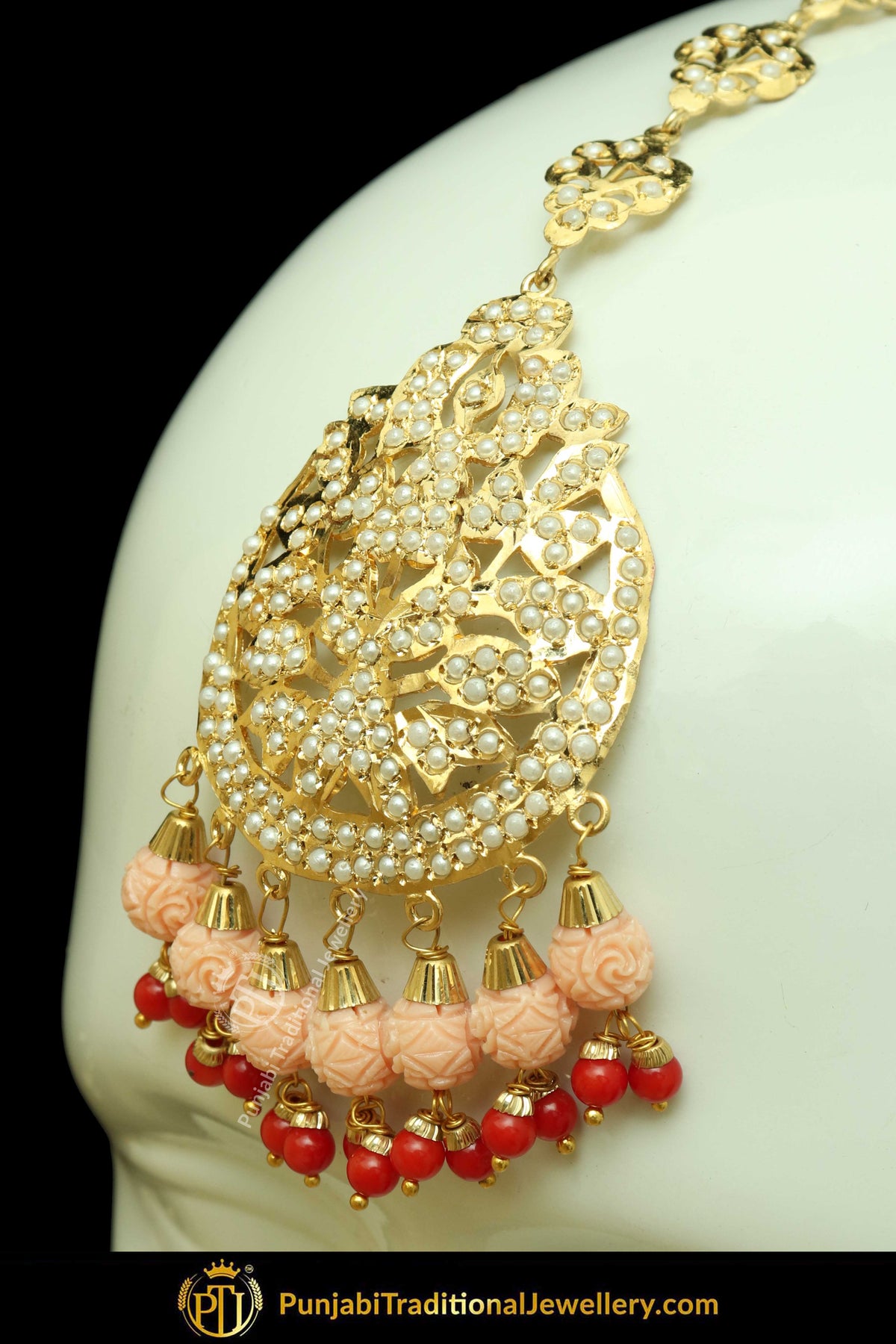 Gold Finished Pink & Red Jadau Pearl Earring Tikka Set | Punjabi Traditional Jewellery Exclusive