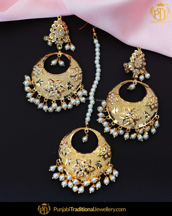Gold Finished Jadau Pearl Earring Tikka Set | Punjabi Traditional Jewellery Exclusive