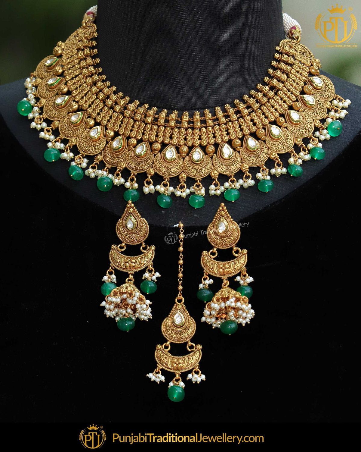 Antique Gold Finished Johda Kundan Emerald Mala Necklace Set | Punjabi Traditional Jewellery Exclusive