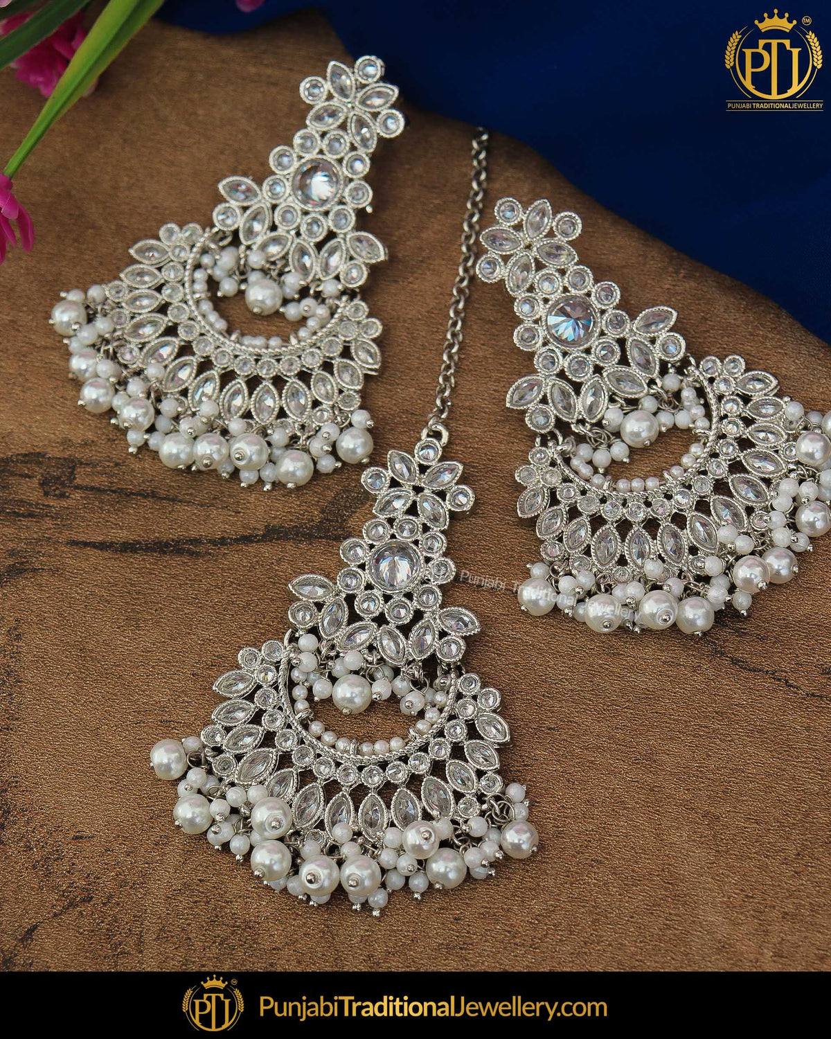Silver Finished Polki Stone Earring Tikka Set | Punjabi Traditional Jewellery Exclusive
