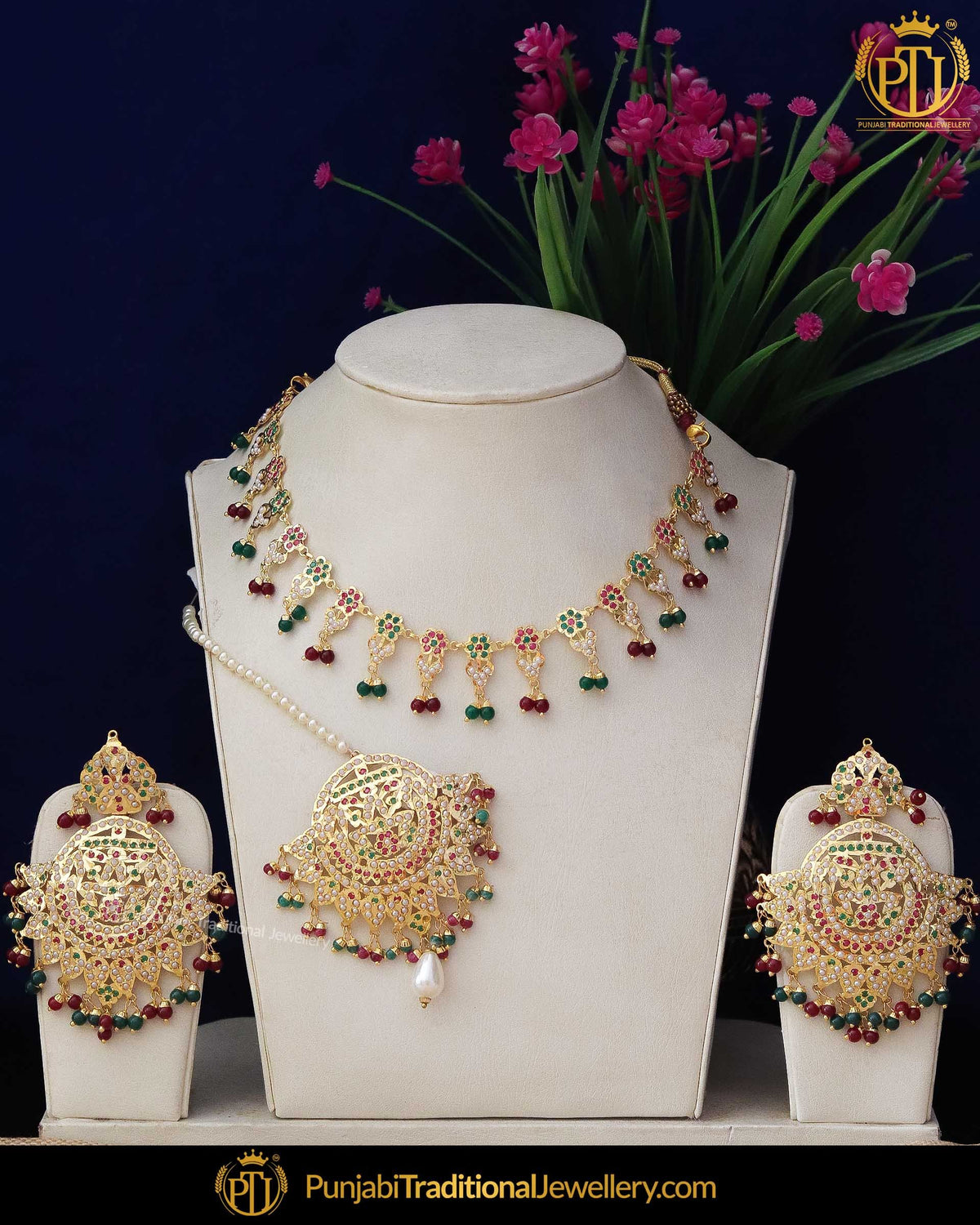 Gold Finished Pippal Patti Rubby Panna Kundan Pearl Necklace Set | Punjabi Traditional Jewellery Exclusive