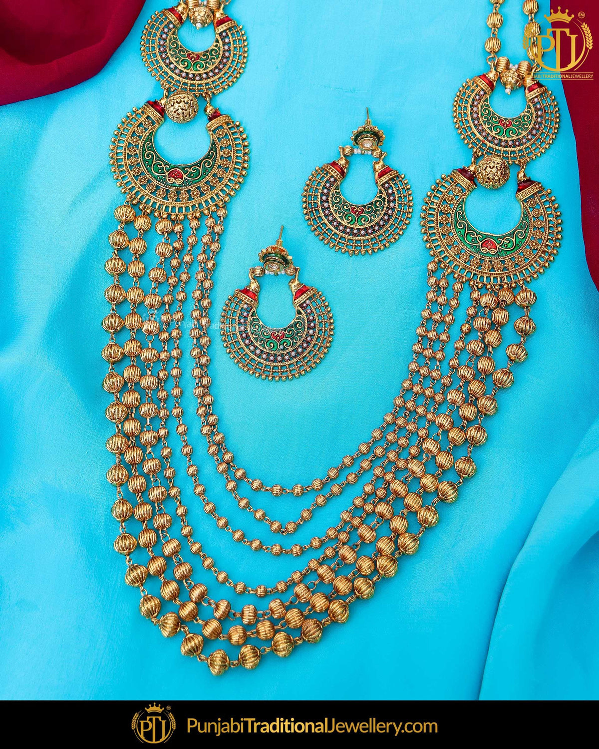Antique Gold Finished Emerald Rubby Johda long Set | Punjabi Traditional Jewellery Exclusive