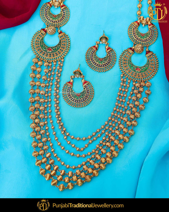 Antique Gold Finished Emerald Rubby Johda long Set | Punjabi Traditional Jewellery Exclusive